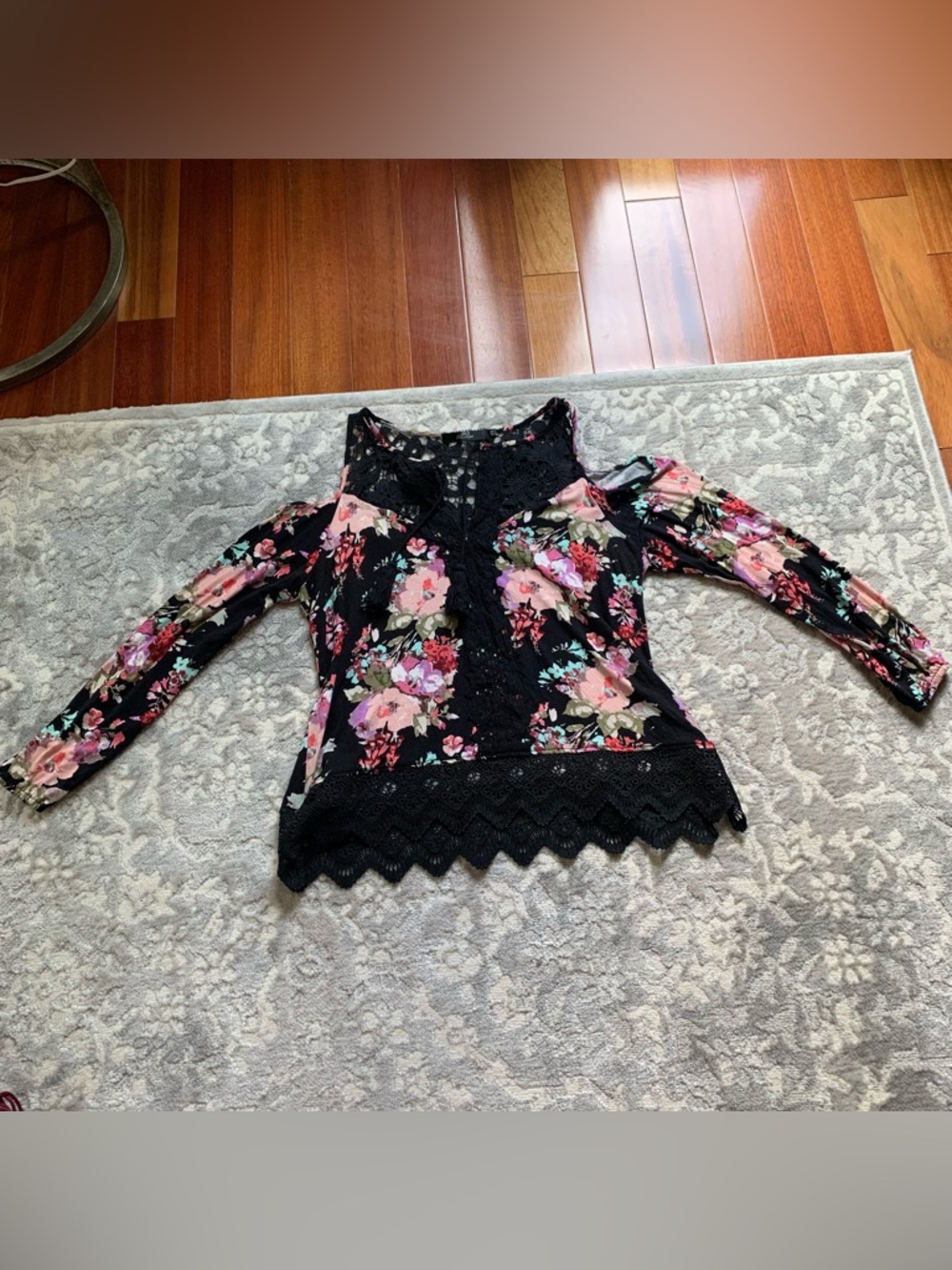 BKE Boutique Black Floral Cold-Shoulder Lace Trim Top